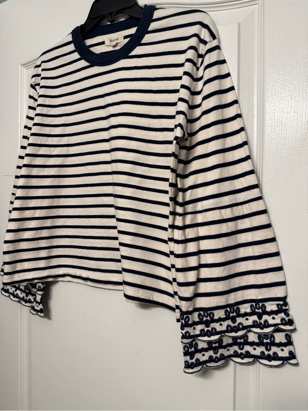 Madewell Navy & White Striped Long Sleeve Top with Scalloped Trim